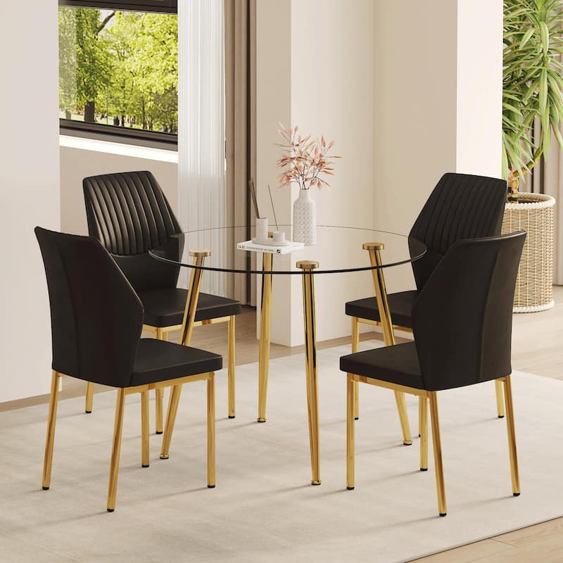 5-Piece Small Dining Table Set for 4, Modern Round Glass Table with 4 Faux Leather Dining Chairs for Small Spaces