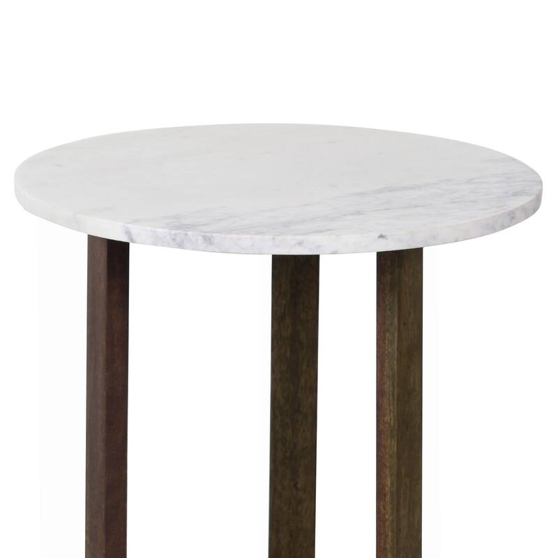 Fina Table, Round White Genuine Marble Top, Natural Brown Mango Wood 3 Leg Sled Base