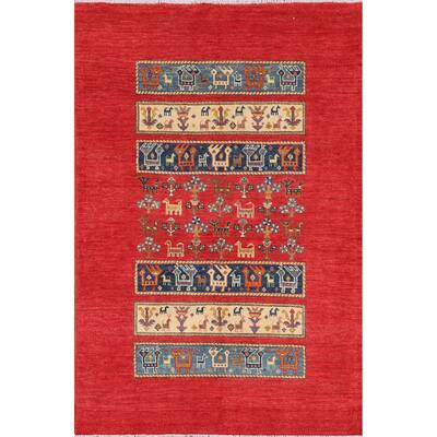 Tribal Geometric Red Kazak Oriental Area Rug Hand-Knotted Wool Carpet - 3'11" x 5'11"