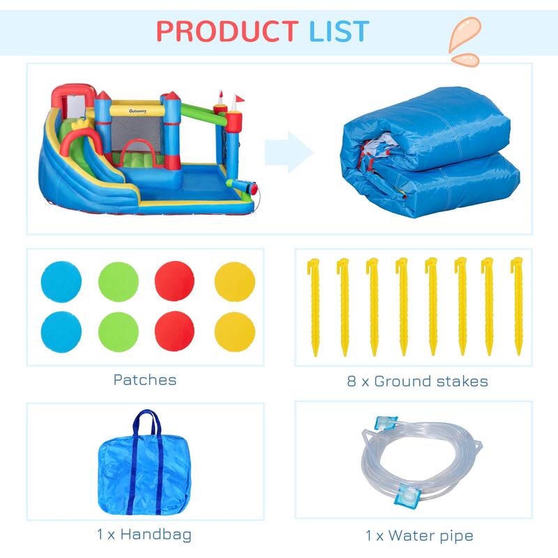 Outsunny 6-in-1 Inflatable Water Slide, Kids Water Park Castle Bounce House with Pool, Slide, Trampoline, Climbing throwing Wall