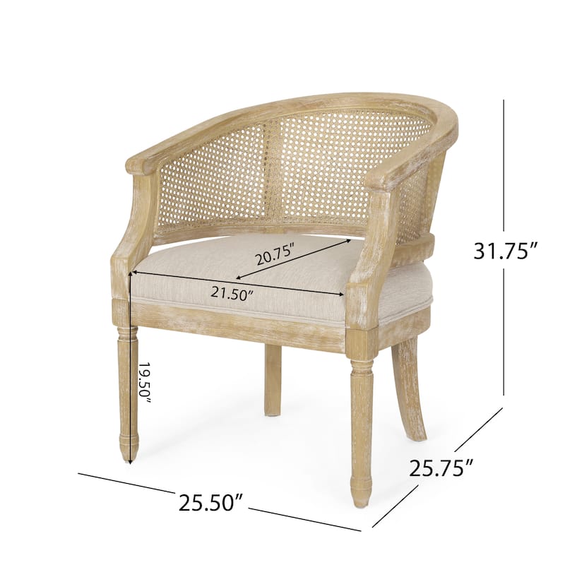 Roomfitters Natural Rattan Barrel Accent Chair, Cane Woven Backrest with Upholstered Seat