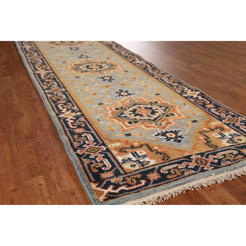 Light Blue Heriz Serapi Indian Runner Rug Handmade Wool Carpet - 2'8" x 7'10" - Blue - 2'8" x 7'10"