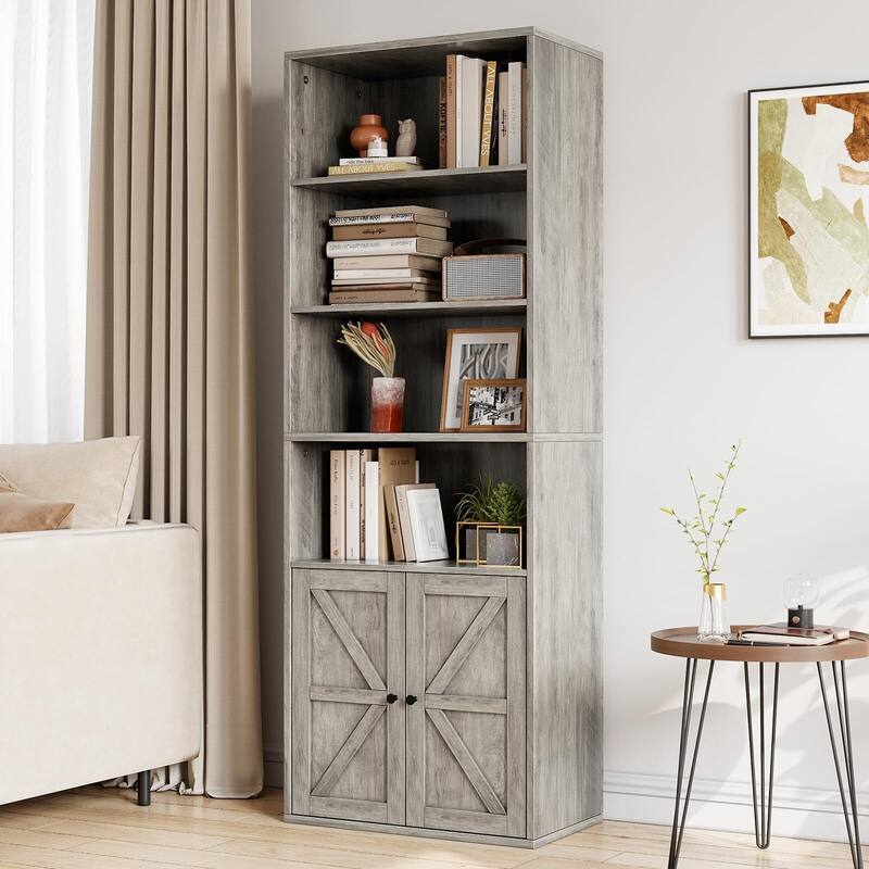 71.4" Tall Bookshelf, 4-Tier Bookcase, Book Shelf, Open Storage Shelf with Doors - Grey