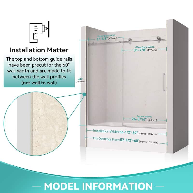 i-Homare 55 - 59 in.W x 60 in.H Tub Sliding Shower Door with Soft Closing System