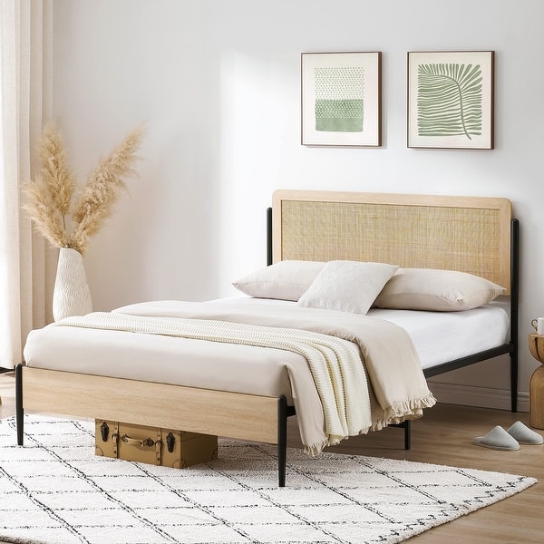 Wooden Metal Platform Bed Frame With Rattan Headboard Bed Bath & Beyond 39521650