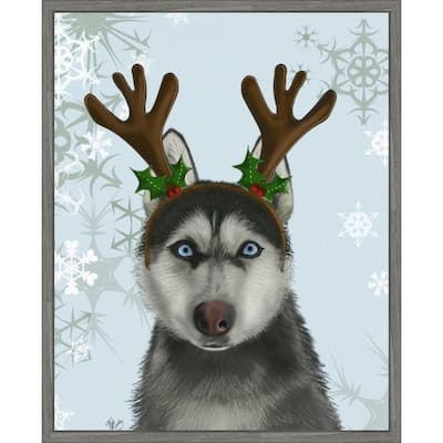 Husky and Antlers by Fab Funky (23 x 28 in.), Framed Canvas Wall Art Print - Sylvie Greywash