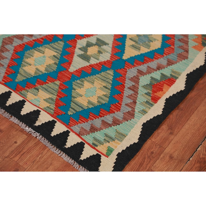 Geometric Kilim Oriental Runner Rug Hallway Hand-Woven Wool Carpet - 2'10" x 13'0"