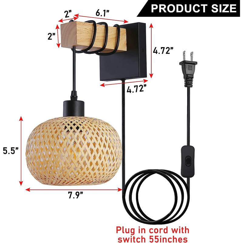 Bamboo Rattan Lantern Lampshade Wood Beam Wall Mounting Hanging Lamp,Industrial Modern Wire Plug in Wall Sconce for Bedroom