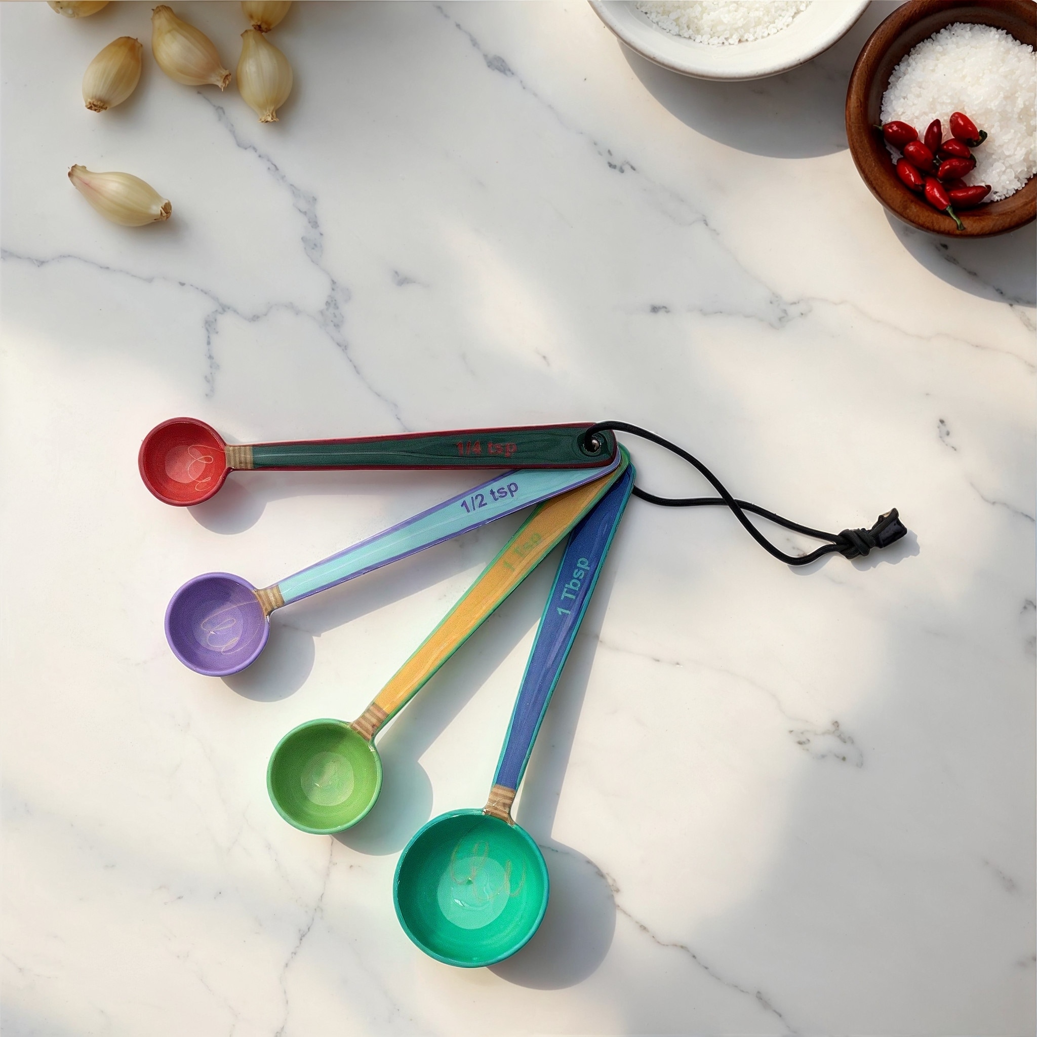 4-Piece Enameled Stainless Steel Measuring Spoons with Colored Edges and Leather Tie - 6.0"L x 1.75"W x 1.0"H