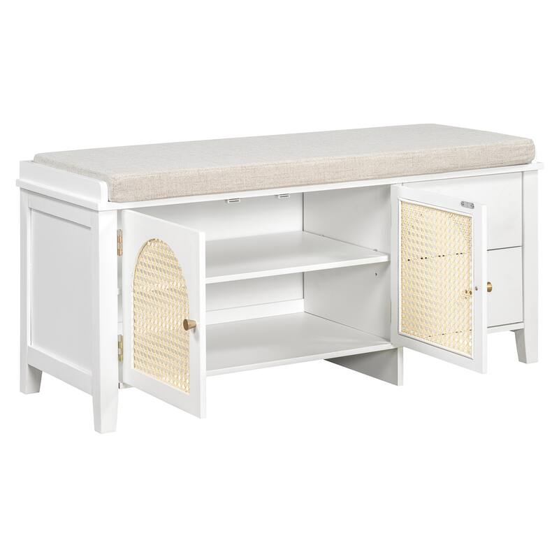 Wood Shoe Storage Bench with Cushion,2 Drawers and 2 Rattan Door
