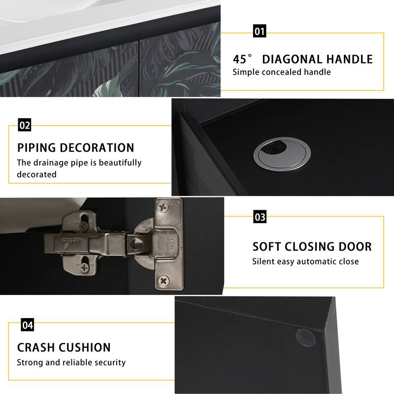 24 Inch Wall-Mounted Vanity with Ceramic Sink, Soft-Close Hinges & Triple Doors for Bathrooms