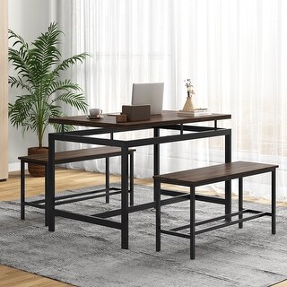 3 Pieces Dining Table Set with Wooden Kitchen Table and 2 Benches - Bed ...