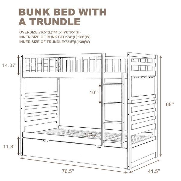 dimension image slide 1 of 2, Pine Wood Twin Bunk Beds for Kids with Safety Rail and Movable Trundle Bed