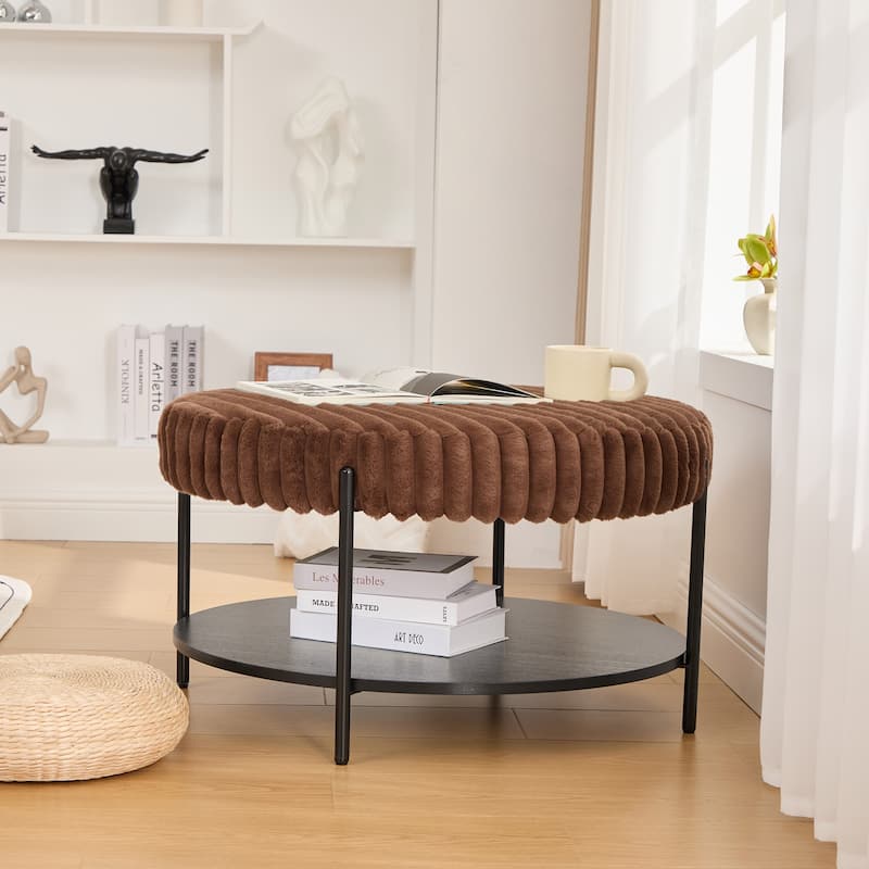 30.9"Wide Upholstered Round Ottoman Coffee Table Foot Rest With,Footstool With Wooden Open Storage Shelf,Faux Fur Footstool