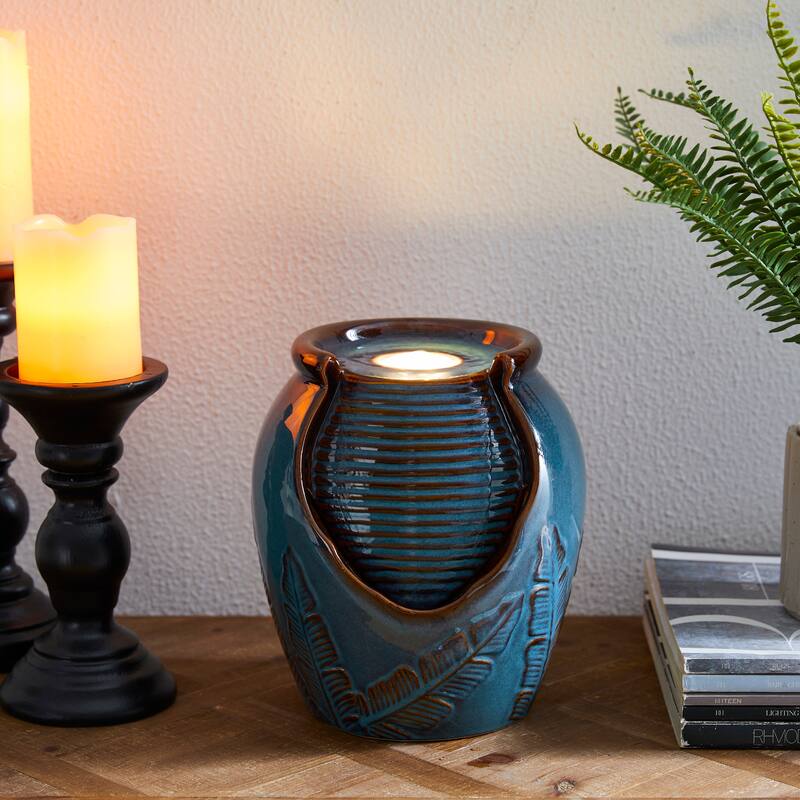 Glitzhome Leaf Textured Ceramic Jar Indoor Tabletop Water Fountain with LED Lights