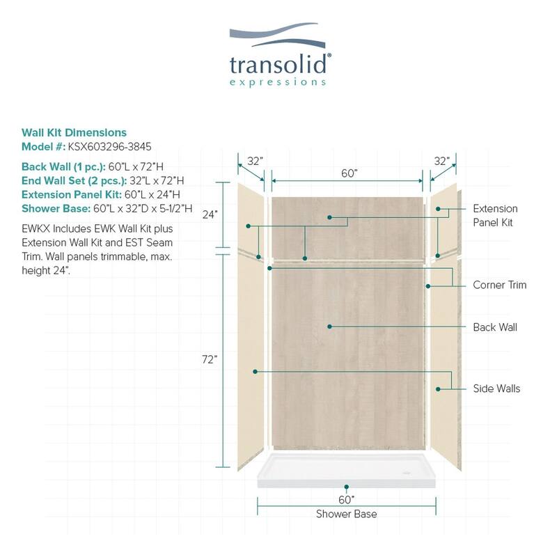 Transolid Expressions 60-in X 32-in X 96-in Glue to Wall Shower Kit - 32" x 60" x 96" - 32" x 60" x 96"