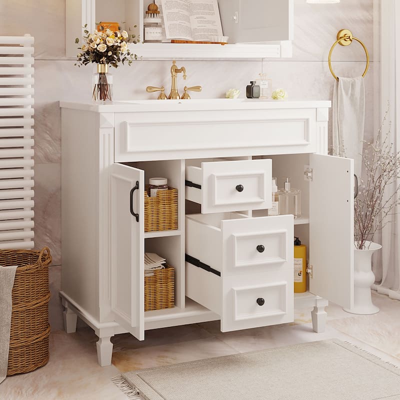 36'' Bathroom Vanity with Top Sink, Modern Bathroom Storage Cabinet w/ 2 Soft Closing Doors & 2 Drawers, Single Bathroom Vanity - White