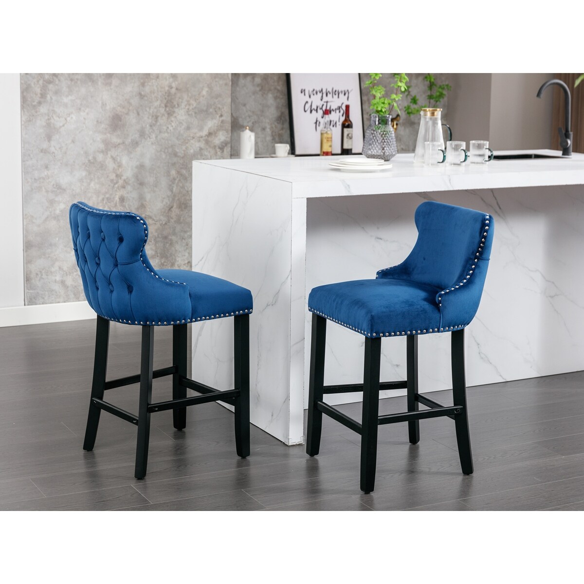 Velvet Upholstered Wingback Dining Chair Bar Stools with Button Tufted Decoration and Wooden Legs, Nailhead Trim, Set of 2