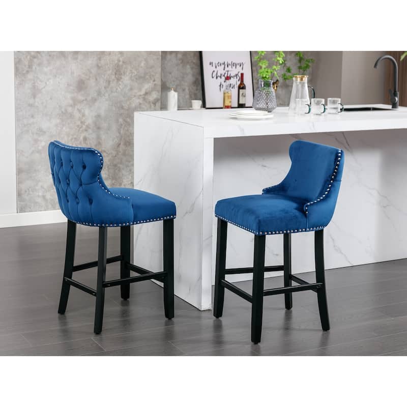 Wing-Back Barstools with Button Tufted Decoration and Wooden Legs, Leisure Style Bar Chairs,Bar stools, Set of 2