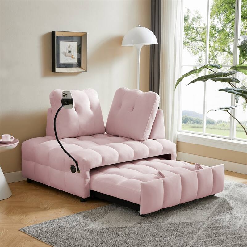 Velvet Pull Out Sofa with Removable Backrest,USB Port and Phone Stand