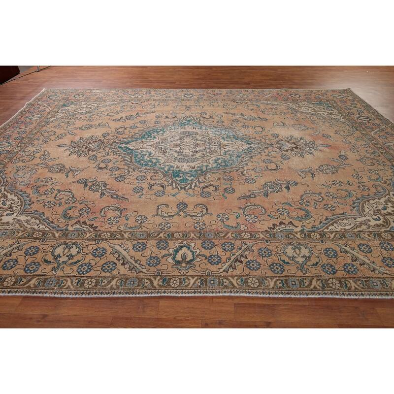 Distressed Tabriz Vintage Persian Rug Dining Room Handmade Wool Carpet - 9'3" x 12'9"