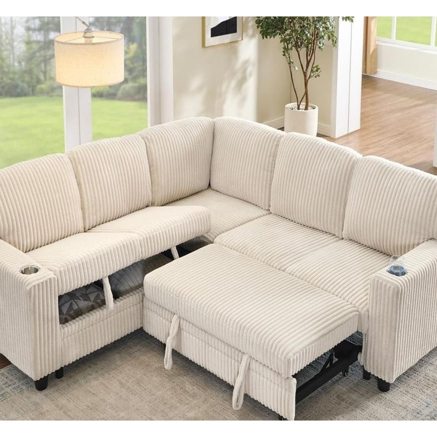 Modern Corduroy 5-seater L-shaped Convertible Sectional Sofa Bed with Pull-out Bed and USB Charging