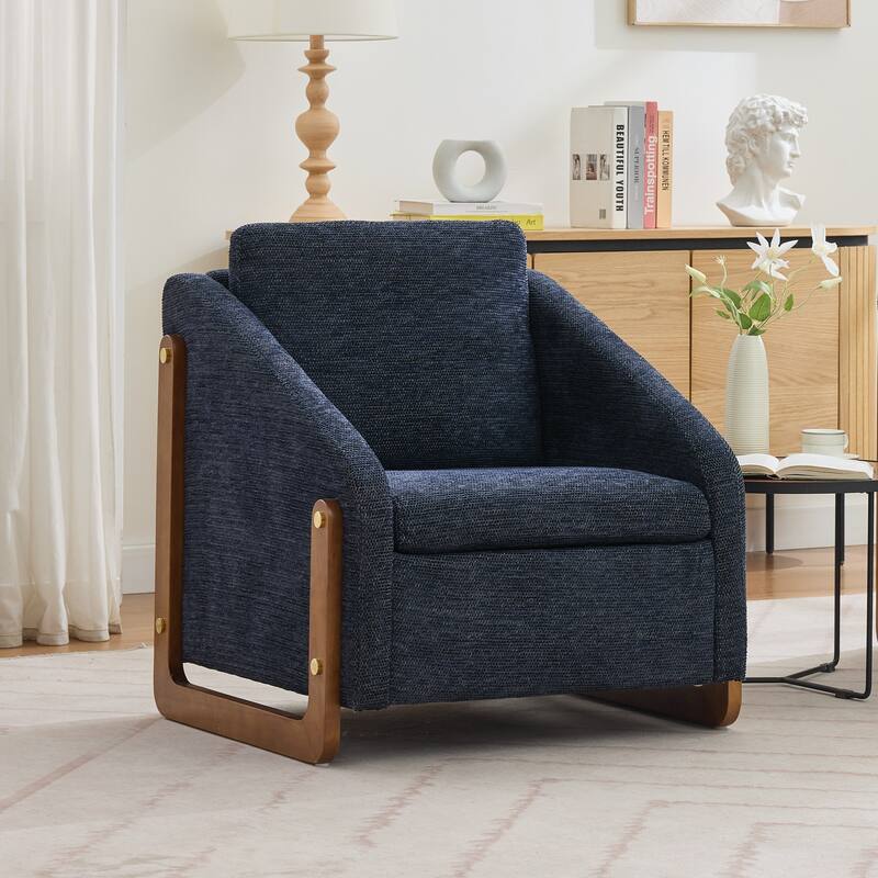 Modern Chenille Upholstered Armchair with Wooden Side Frame, Single Accent Leisure Chair with Backrest for Living Room, Bedroom