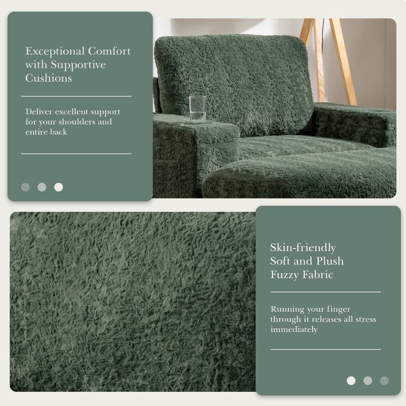 42" Oversized Green Faux Fur Chaise Lounge Sofa Bed with Storage, Cup Holders for Indoor Use