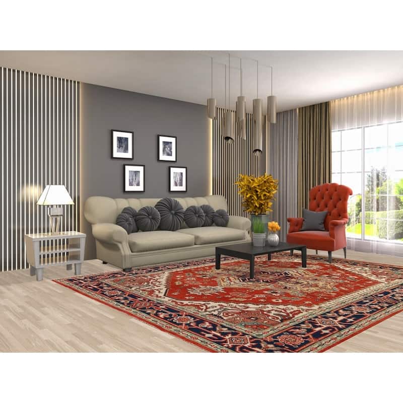 Hand Knotted Oriental 100% Wool Carpet Traditional Medallion Oranges & Rust Heriz (serapi) Area Rug - 10' 0'' X 7' 10''