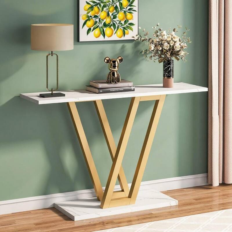 White-Gold MDF and Metal Console Table with Faux Marble and V-Legs - 43.31” L x 11.81” W x 31.5” H