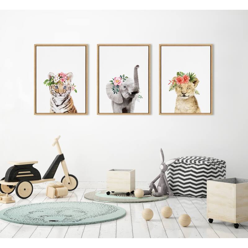 Kate and Laurel Sylvie Flower Crown Elephant Framed Canvas by Amy Peterson