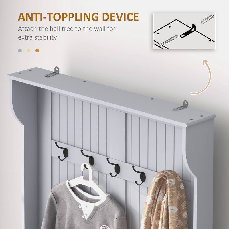 Hall Tree Cabinet Coat Rack with Shoe Bench, Storage Cabinet with Anti-Tip Wall Anchor & Four Double Hooks