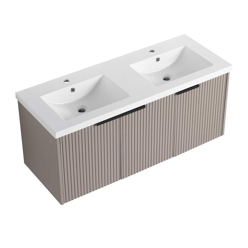 48"Wall Mounted Bathroom Vanity with Resin Double Sink & 3 Soft-Close Doors, KD-Packing