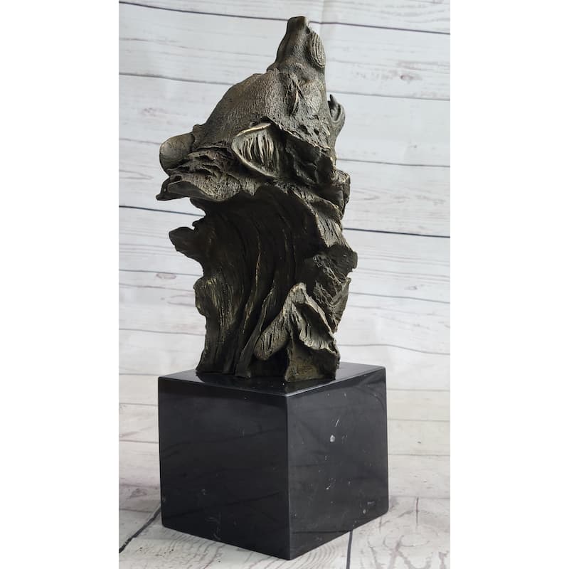 Holwing Wolf Head Bust Bronze Metal Statue Sculpture Figure On Marble Base Signed 12.5 Inches X 7 Inches