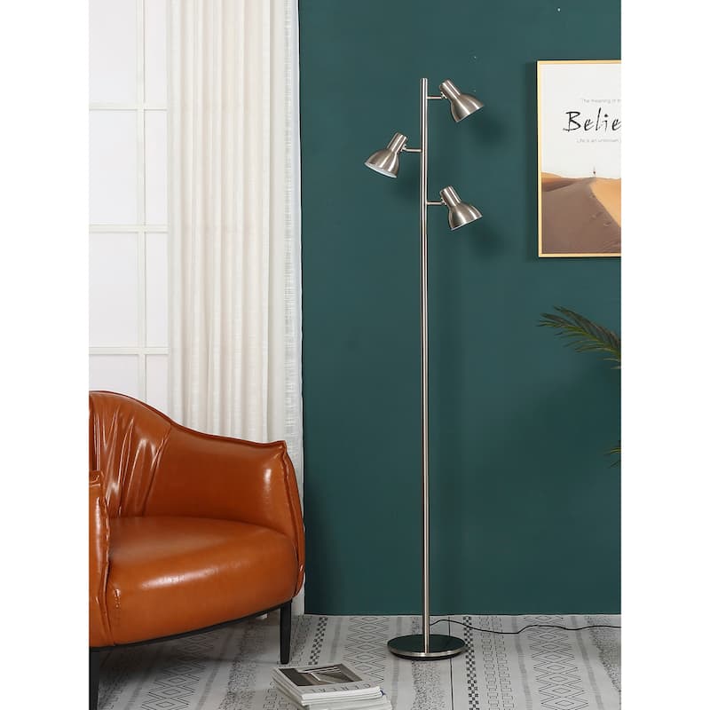 Brightech Ethan 65.5 in. Brushed Nickel Mid-Century Modern 3-Light 3-Way Dimming LED Floor Lamp with 3 Nickel Metal Cone Shades