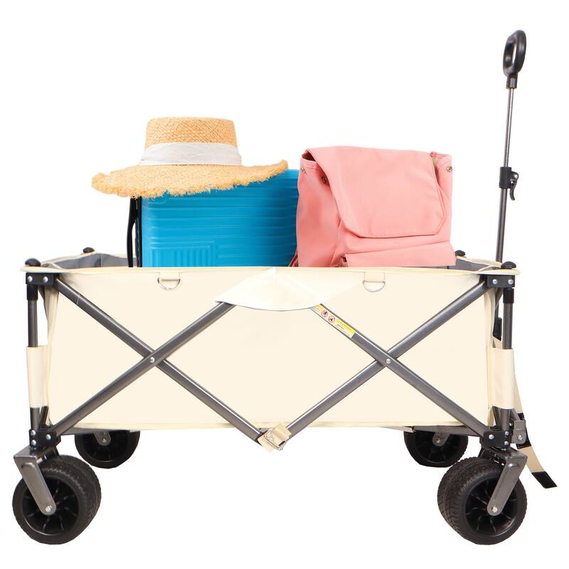 Folding Wagon, Heavy Duty Beach Cart for Sand with Big Wheels, Adjustable Handle&Drink Holders for Shopping, Camping and Outdoor