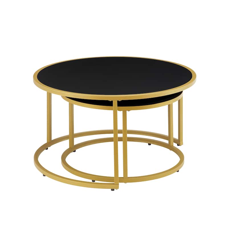 Modern Faux Leather Nesting Coffee Tables, Round Accent Tea Table Set of 2 with Gold Metal Base for Living Room