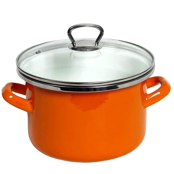 slide 1 of 3, STP Goods Orange Dot Enamel on Steel 4.2-quart Pot with a Glass Lid