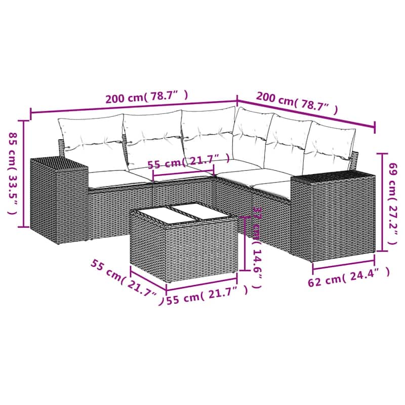 vidaXL Patio Sofa Set with Cushions Outdoor Conversation Furniture Poly Rattan - 24.4 x 24.4 x 27.2