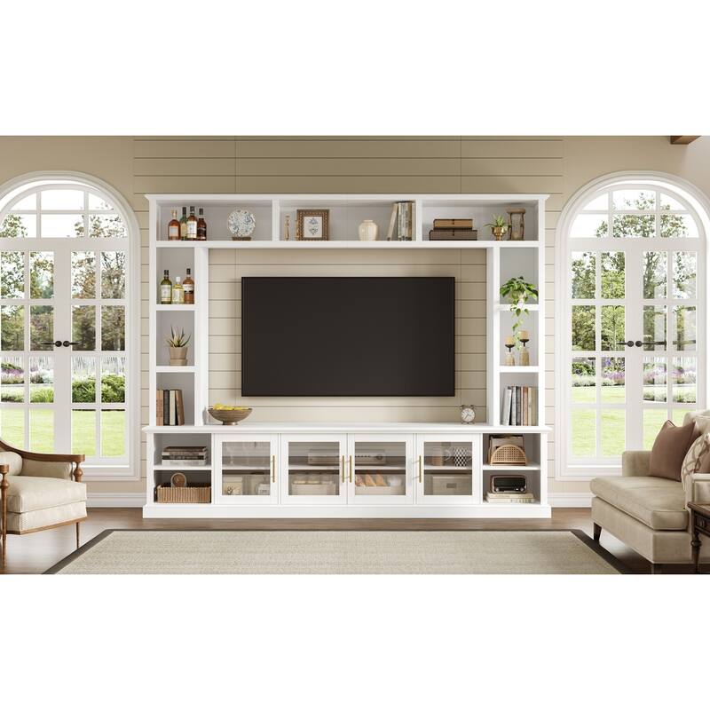 Wall Unit Entertainment Center for TVs up to 80", All-in-One TV Stand with Bookshelves, Glass Doors, Media Console with Shelving