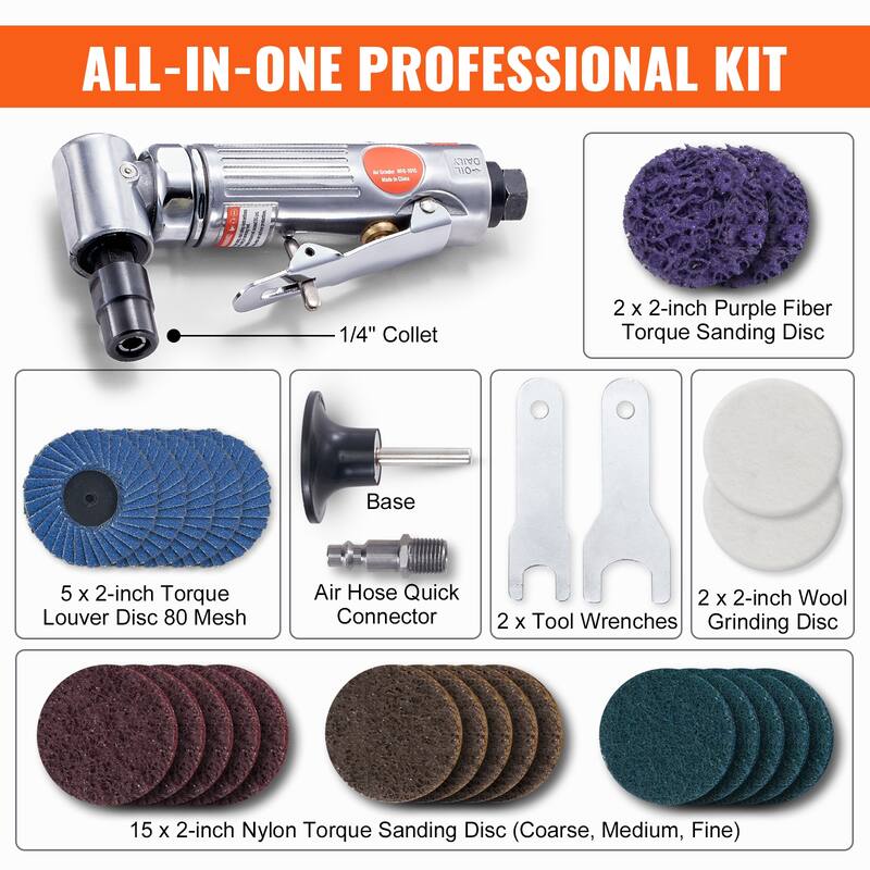 Air Die Grinder, 1/4" Right Angle Die Grinder 20000RPM, Lightweight, Ball Bearing Construction, 24PCS Discs for Grinding