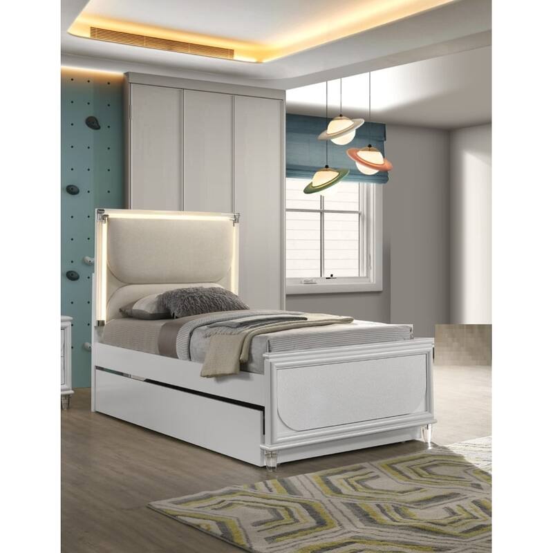 Pearl White Full Size Bed with LED Headboard and Embossed Panels, Contemporary Glam Style - White