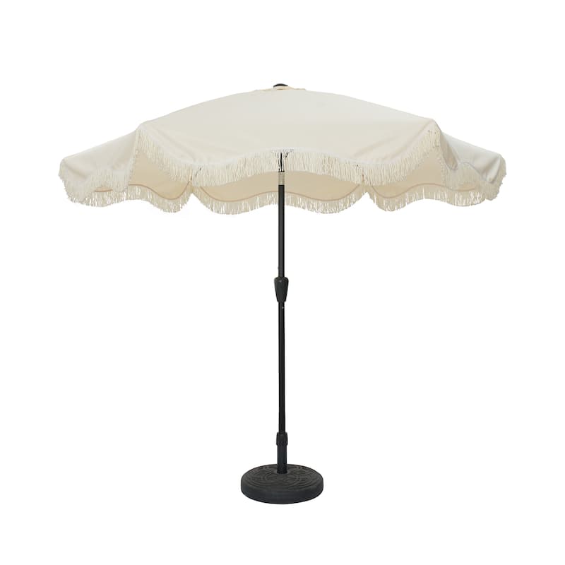 Clihome 9 Ft. Bohemian Fringed Patio Market Umbrella - White With A-base