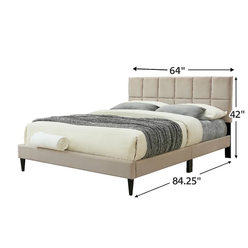 Queen Bed in a Box with USB Charging & Squares Design Headboard, Light Gray Fabric