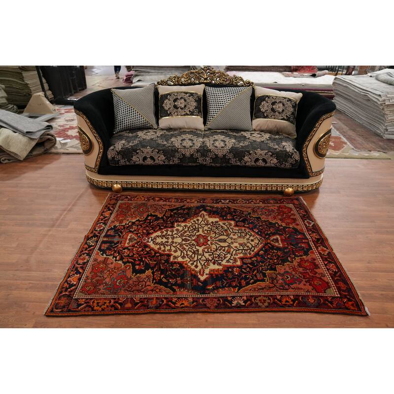 Hand Knotted Oriental 100% Wool Carpet Traditional Floral Navy Blue & Blues Sarouk Area Rug - 6' 2'' X 4' 7''