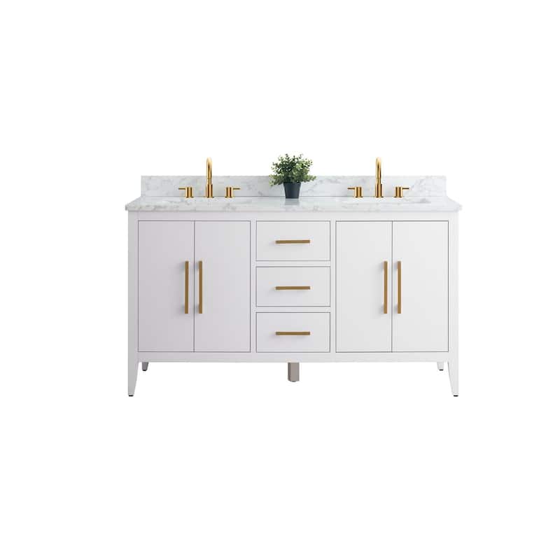 Vanity Art 60" Double Sink Bathroom Vanity Cabinet with Engineered Marble Top