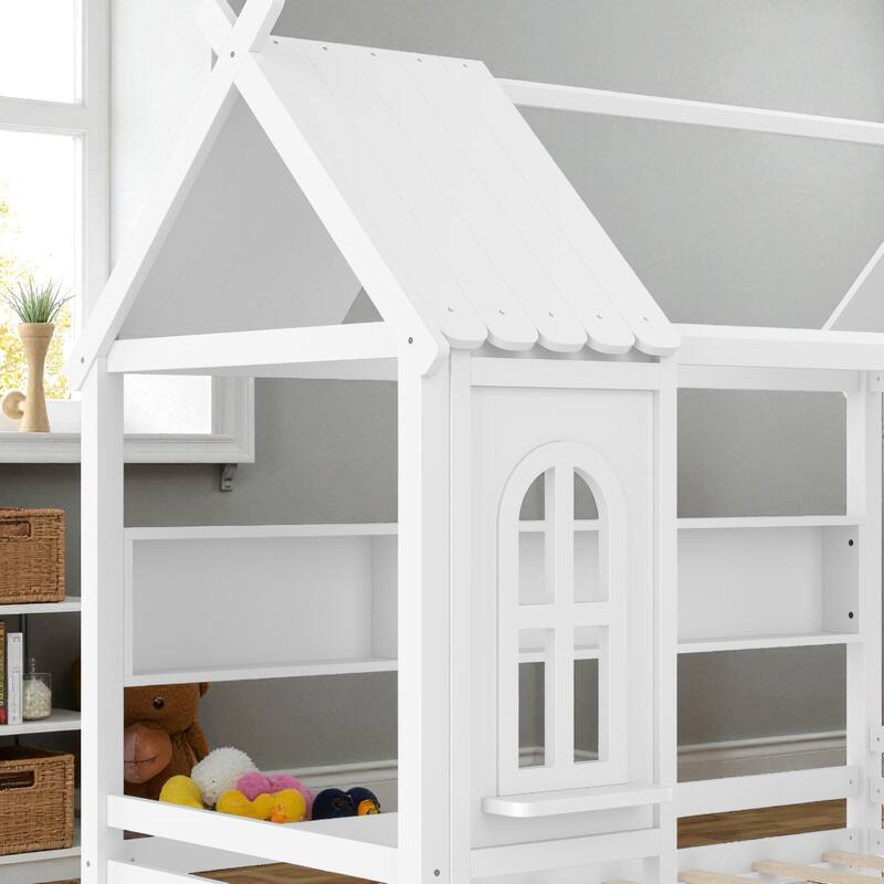 Twin/Full Size Wooden House Bed with Drawers and Shelves, Kids Platform Bed Frame with Window Roof Design