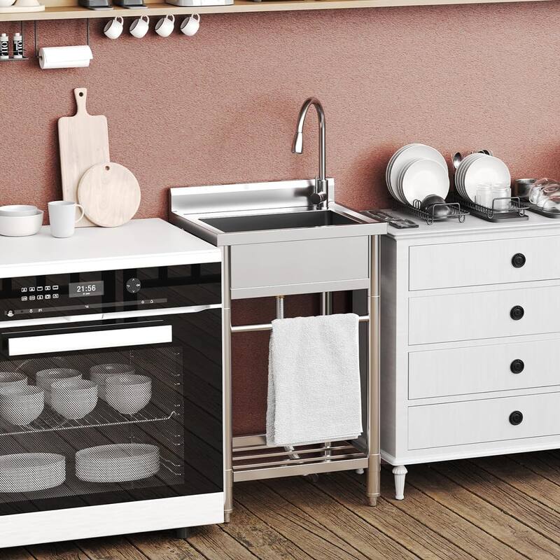 Freestanding Single Trough Stainless Steel Sink with Faucet 24 x 20 x 41 Inch - 24 x 20 x 41 Inch