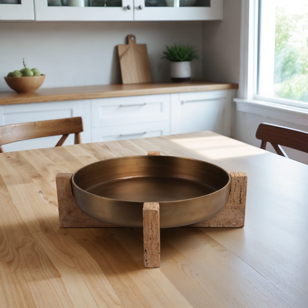 Metal Travertine Bowl Decorative Metallic Removable Stand - 6" Silver - 21" x 21" x 6"