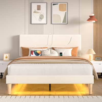 VECELO Platform Bed Frame with Charging Stations and Under Bed LED Lights Strong Wooden Slats Support No Box Spring Needed